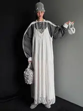 秋冬向けレトロ風カラーブロッキング長袖トップスとレースキャミワンピース（セットアップ対応）