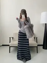 ツートンカラーストライプニットスカート【高ウエスト・シンプルデザイン・女性用】