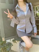 高級感ある長袖ストライプシャツ【秋用・体型カバー・ウエスト絞り】（セットアップ対応）