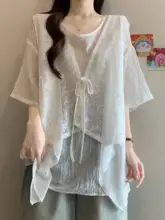 大きいサイズ 夏用 軽やかでエレガントなシフォンベストとトップスの2点セット（セットアップ対応）