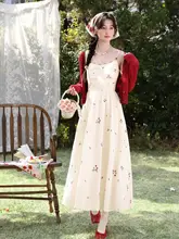 フラワー刺繍のキャミソールロングドレス【春向け・ウエスト絞り・アプリコットカラー】