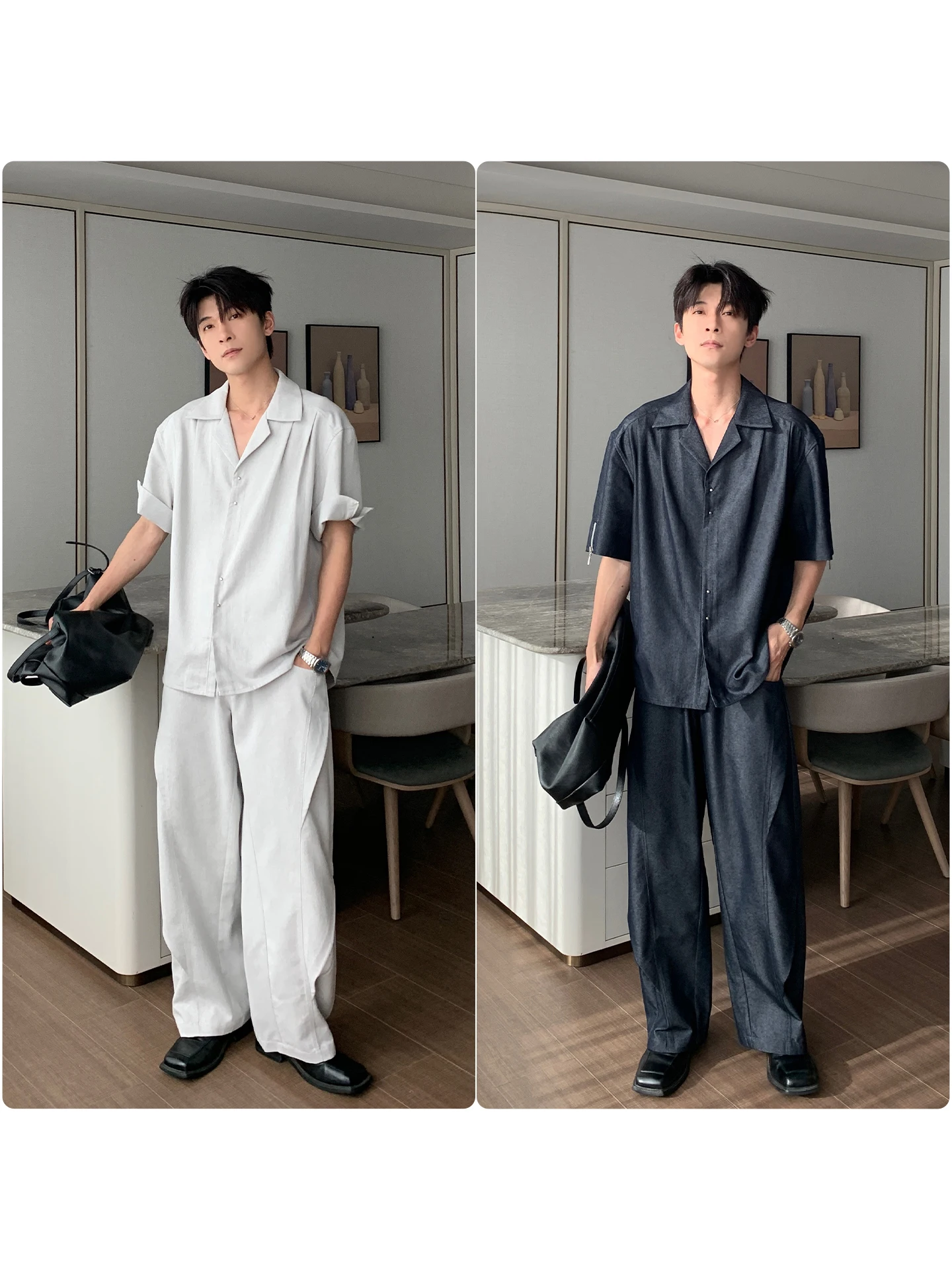 夏用カジュアルシャツとパンツのコーディネート：30代男性のストリートスタイルに最適なセットアップ