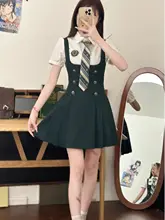 夏用ウエスト絞りデザインのモスグリーンJK制服風ワンピース【学院風・半袖】