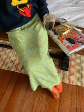 花柄Aラインスカート【高腰・緑色・秋冬用】（セットアップ対応）