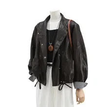 チェック柄切替のレディースPUレザージャケット【春秋用・ゆったりしたシルエット・スリム効果】