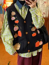 南瓜刺繍Vネックニットベスト【ユニセックス・レトロデザイン・秋冬用】（セットアップ対応）