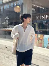 白色ヘンリーネックボーダー編み長袖Tシャツ【シンプルデザイン・防晒対応・男性用】