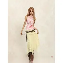 アシンメトリーなレトロ風ハーフスカート【杏色・レースディテール・古着風】