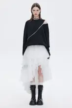 前短後長不規則デザインのウエストゴム パフスカート【エアリーメッシュ・白・Aライン】（セットアップ対応）