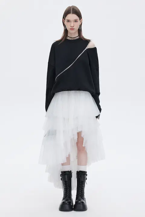 前短後長不規則デザインのウエストゴム パフスカート【エアリーメッシュ・白・Aライン】（セットアップ対応）