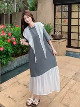 浅灰色メッシュカラー切替Tシャツワンピース【夏用・カジュアル・長袖】