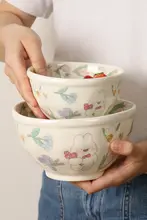 可愛らしいウサギデザインの陶器ボウル【個人用・食器・ブレックファースト用】
