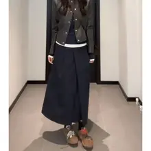深紺色Aラインハイウエストスカート【大きいサイズ・梨型体型に最適・ミディ丈】（セットアップ対応）