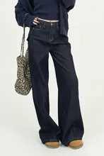 青いハイウエストストレートデニムパンツ【レディース・春用・ゆったりしたロングパンツ】