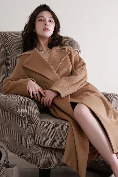 Manuela トレンチコート【キャメル・大きな襟・ウエストリボン・中長丈】