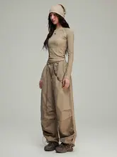 カジュアル工装風 レディース秋用シャーリングパンツ【広めの裾・ゆったりフィット】（セットアップ対応）