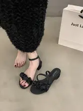 フランス風ハイヒールオープントゥサンダル【黒・粗いヒール・ローマスタイル・夏用】