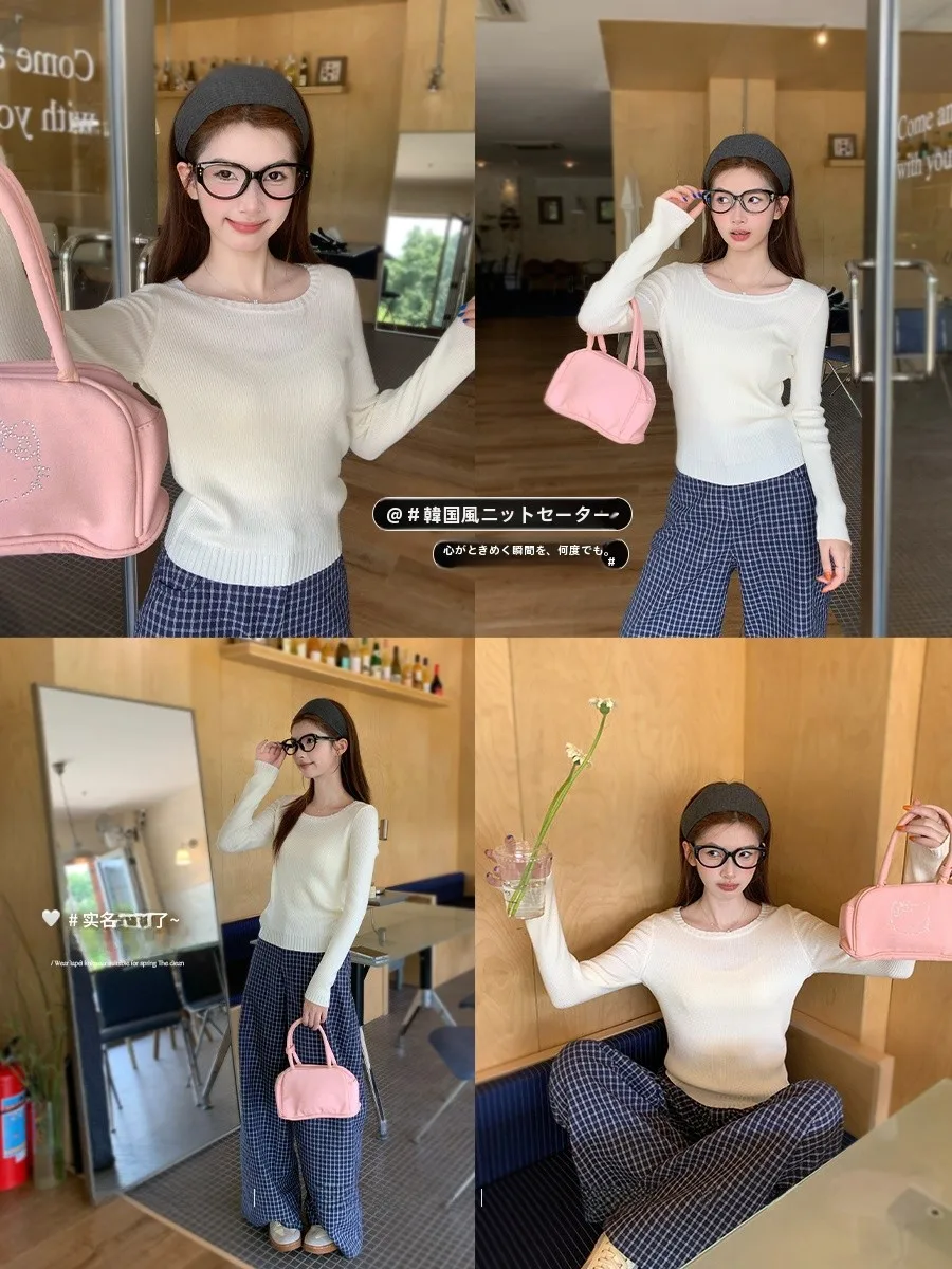 青いニットトップス【ボックスネック・フランス風・女性用】