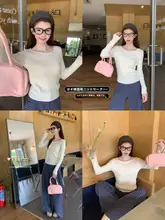 青いニットトップス【ボックスネック・フランス風・女性用】