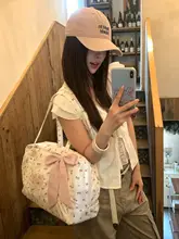 大容量リボンフラワープリントショルダーバッグ【トートバッグ・旅行・通勤向け】