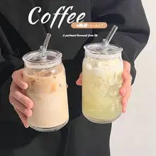 おしゃれなストロー付きガラスカップ【コーヒー・ジュース用・蓋付き】