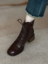 トレンドのレディースレースアップショートブーツ【ソフトラムスキン・太ヒール・英倫風】