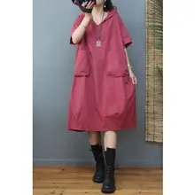大きなポケット付きシンプルカジュアルワンピース【ミディ丈・半袖・フード付き・夏用】