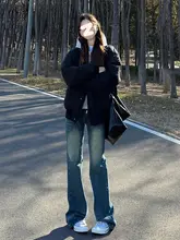 ヴィンテージ風ブーツカットデニムパンツ【レディース・ローウエスト・タイトフィット・ストレッチ】（セットアップ対応）