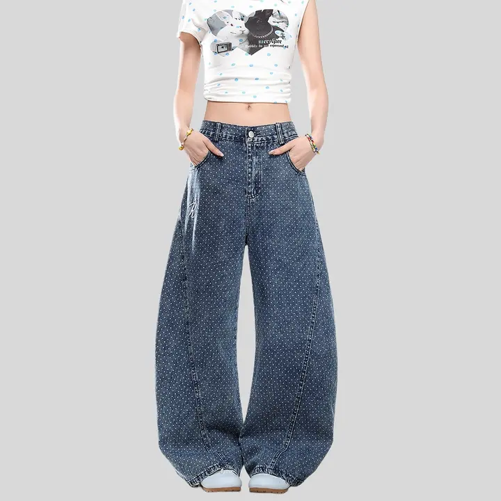 アメリカンスタイルドット柄ハート刺繍デニムパンツ【高腰・フィット・春夏用】（セットアップ対応）