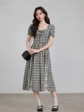 夏用レース切替チェック柄Aラインワンピース【特徴的なウエストデザイン・女性用】