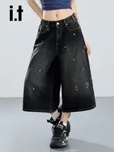 レトロなペンキ飛び散りデザインの七分丈ワイドデニムパンツ【ゆったりシルエット・デザイン性あり】