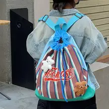 ストライプ柄の抽绳式子供用リュックサック【大容量・秋用・男女兼用】
