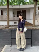 秋用 美式レトロカーキ色ワイドフィットカーゴパンツ【デザイン・女性用】