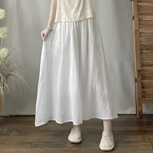 女性用 無地 コットンリネン 半身スカート【ウエストゴム・ゆったり・中長丈・2層仕立て】