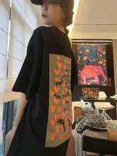 ブラック コットン 半袖 Tシャツ【ルースフィット・ハートプリント・ミディ丈】