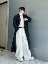 デザインベルト付きダブルブレスト中丈トレンチコート【男士用・ストリートスタイル】