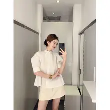 フレンチスタイル立ち襟パフスリーブブラウス【極上の柔らかさ・短袖・シルエット効果】