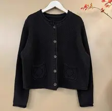 文芸風レトロコットンニットカーディガン【単ボタン・リブ編み・透かし模様】