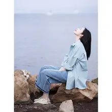 ヴィンテージ風 ゆったり水洗いデニムパンツ【脚口ほつれデザイン・女性用・ワイドレッグ】（セットアップ対応）