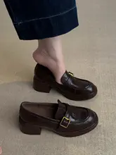 本革製 中ヒールレディースローファー【ラウンドトゥ・バックルデザイン・フレンチスタイル】