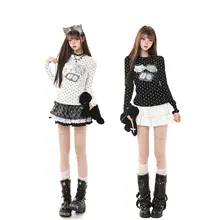 長袖Tシャツ レディース 水玉 キャラクター柄 クルーネック フィット感 サブカル Y2K キュート 春