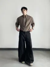 レトロ風シャツ【男女兼用・長袖・ショートワイドデザイン・秋用】（セットアップ対応）