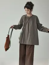 AMUU フレンチスタイル ヴィンテージ風 グレー長袖シャツ【ゆったりシルエット・春用・女性用】