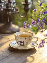 レトロ手描きのワビサビ風コーヒーカップ【フレンチスタイル・陶器製・デザイン性の高い】