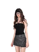 小雨デザイン 中腰レザーショートスカート【洗い加工・ロックパンクスタイル・金属ジッパー付き】