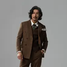 英国風のダブルブレストスーツジャケット【ウール混・ヘリンボーン柄・ビジネスカジュアル・スリムフィット】