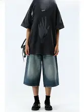 復古風ブルー七分丈ワイドレッグデニムパンツ【高腰・ゆったり・スリムシルエット】