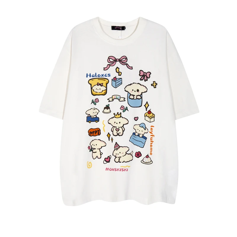 可愛い犬プリントのユニセックスTシャツ：オーバーサイズで夏のカジュアルスタイルを実現