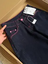 アメリカンレトロな深い青のローウエストワイドレッグデニムパンツ【夏用・デザイン性・ロング丈】