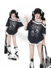 デザイン感あふれるスラッシュショルダーのレーストリム染色Tシャツ【夏用・女性用・ゆったりフィット】